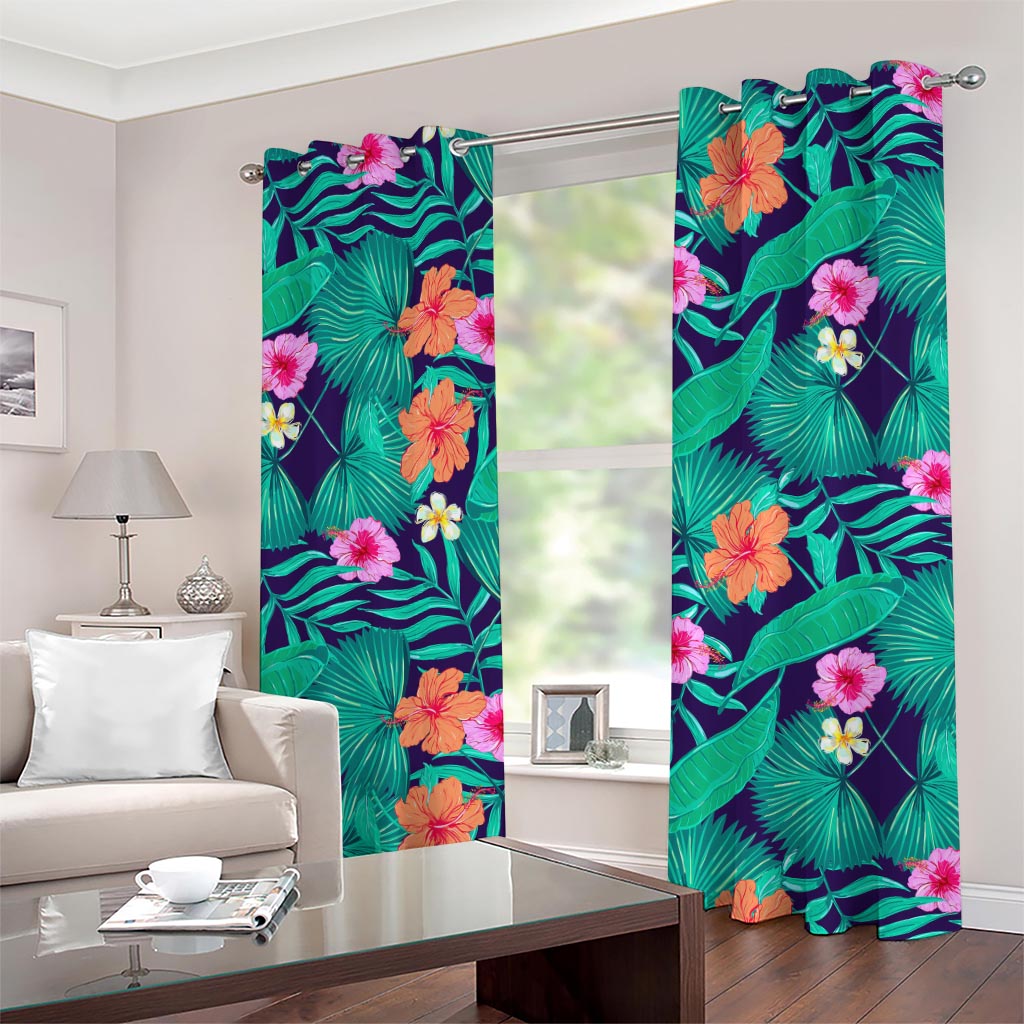 Teal Hawaiian Leaf Flower Pattern Print Grommet Curtains