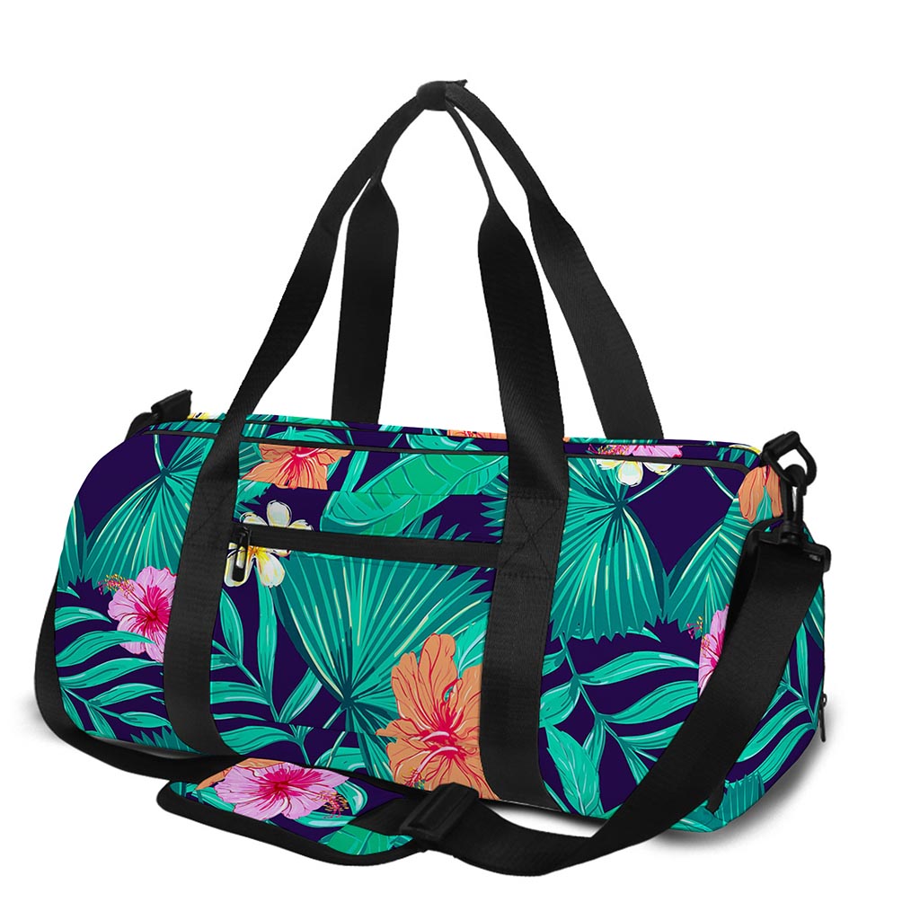 Teal Hawaiian Leaf Flower Pattern Print Gym Bag