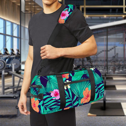 Teal Hawaiian Leaf Flower Pattern Print Gym Bag