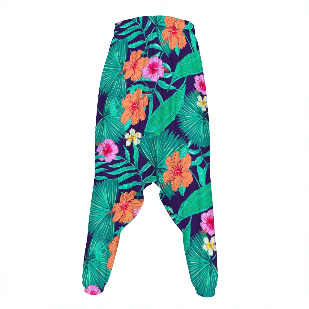 Teal Hawaiian Leaf Flower Pattern Print Hammer Pants