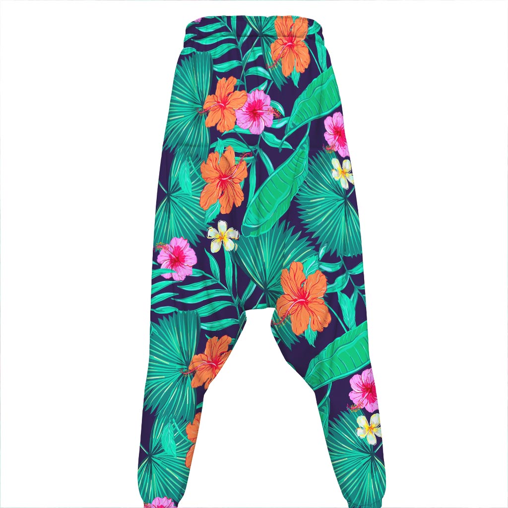 Teal Hawaiian Leaf Flower Pattern Print Hammer Pants