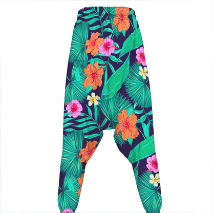 Teal Hawaiian Leaf Flower Pattern Print Hammer Pants