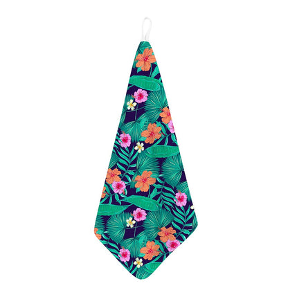 Teal Hawaiian Leaf Flower Pattern Print Hand Towel