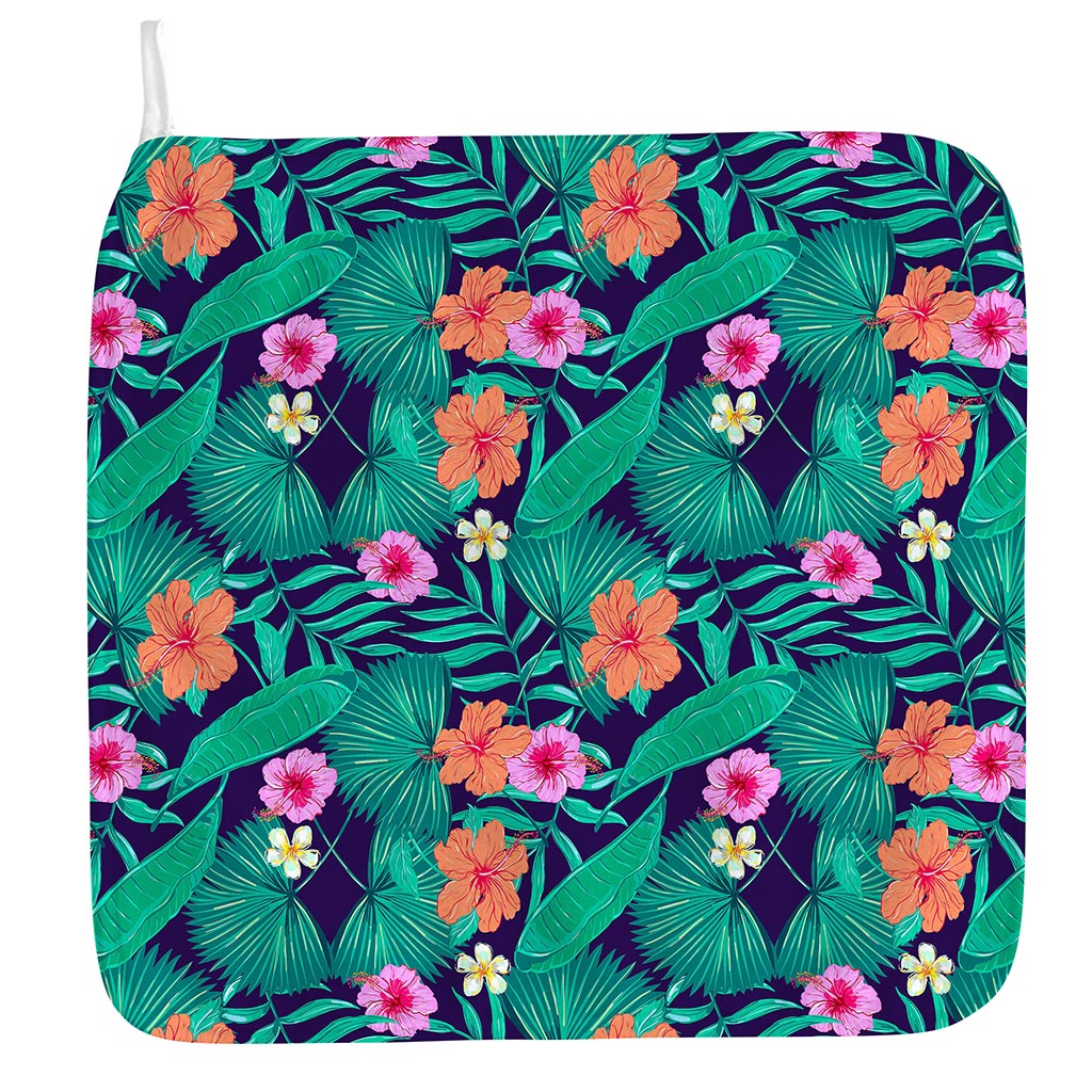 Teal Hawaiian Leaf Flower Pattern Print Hand Towel