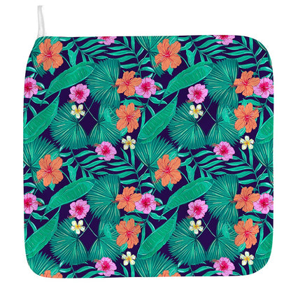 Teal Hawaiian Leaf Flower Pattern Print Hand Towel