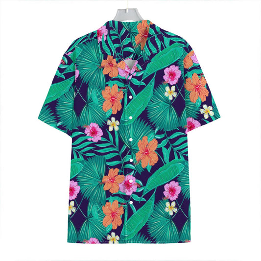 Teal Hawaiian Leaf Flower Pattern Print Hawaiian Shirt