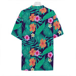 Teal Hawaiian Leaf Flower Pattern Print Hawaiian Shirt