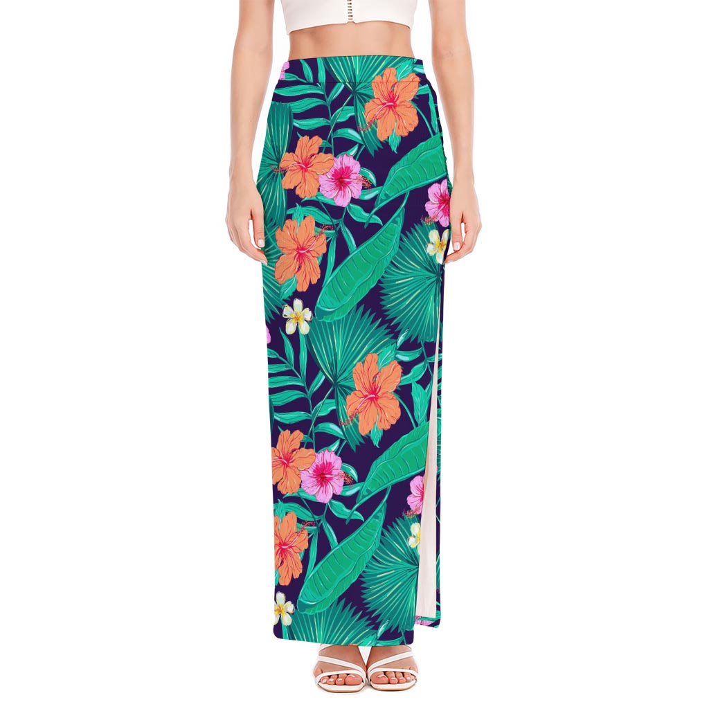 Teal Hawaiian Leaf Flower Pattern Print High Slit Maxi Skirt