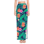Teal Hawaiian Leaf Flower Pattern Print High Slit Maxi Skirt