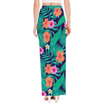 Teal Hawaiian Leaf Flower Pattern Print High Slit Maxi Skirt