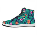 Teal Hawaiian Leaf Flower Pattern Print High Top Leather Sneakers