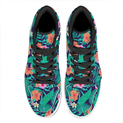Teal Hawaiian Leaf Flower Pattern Print High Top Leather Sneakers