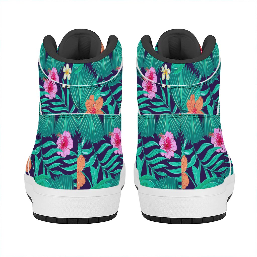 Teal Hawaiian Leaf Flower Pattern Print High Top Leather Sneakers