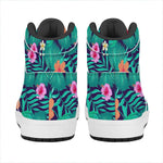 Teal Hawaiian Leaf Flower Pattern Print High Top Leather Sneakers