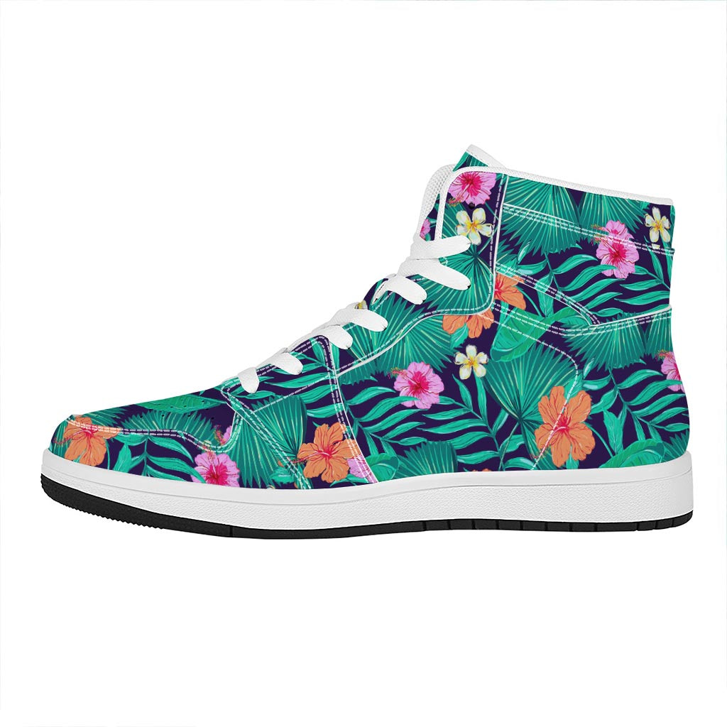 Teal Hawaiian Leaf Flower Pattern Print High Top Leather Sneakers