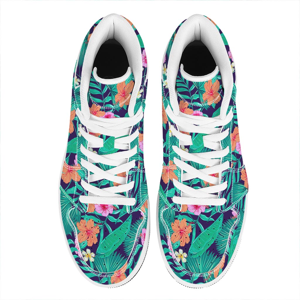 Teal Hawaiian Leaf Flower Pattern Print High Top Leather Sneakers