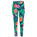 Teal Hawaiian Leaf Flower Pattern Print High-Waisted Pocket Leggings