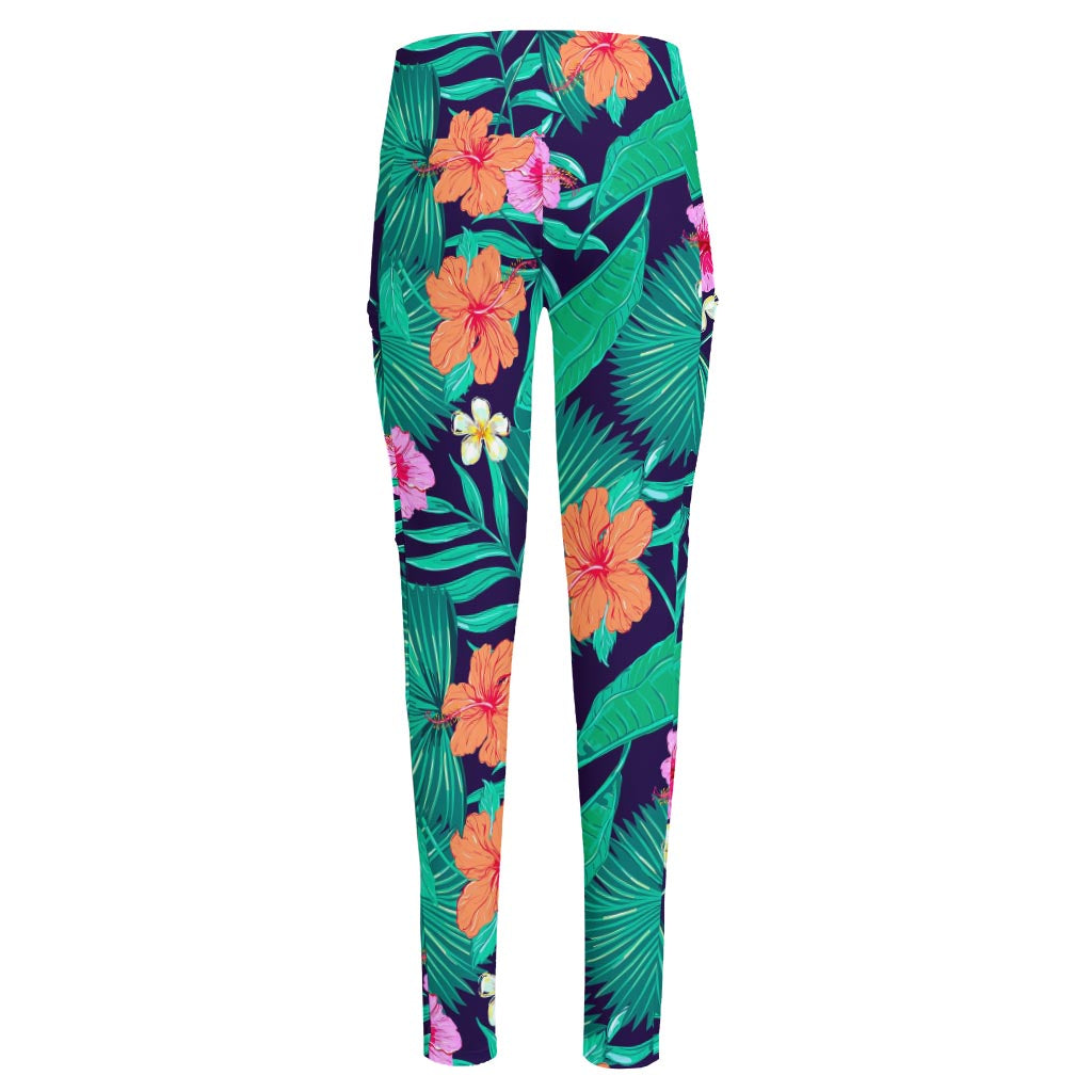 Teal Hawaiian Leaf Flower Pattern Print High-Waisted Pocket Leggings