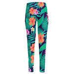Teal Hawaiian Leaf Flower Pattern Print High-Waisted Pocket Leggings