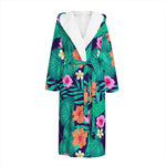 Teal Hawaiian Leaf Flower Pattern Print Hooded Bathrobe