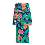 Teal Hawaiian Leaf Flower Pattern Print Hooded Bathrobe