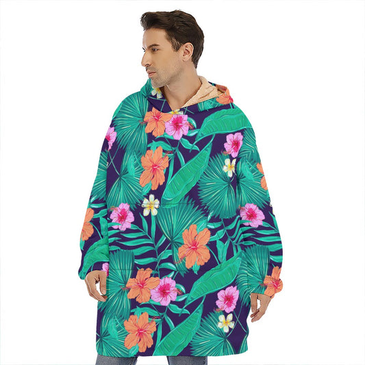 Teal Hawaiian Leaf Flower Pattern Print Hoodie Blanket