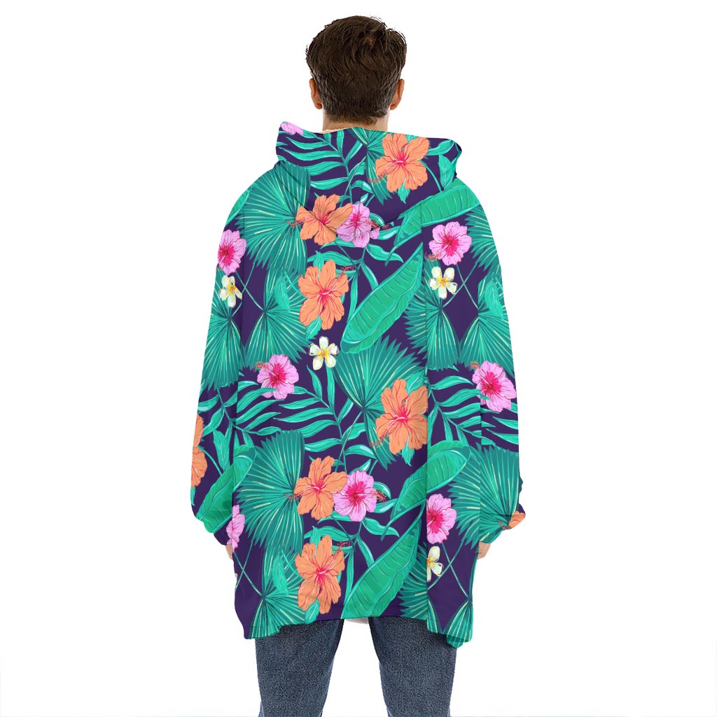 Teal Hawaiian Leaf Flower Pattern Print Hoodie Blanket