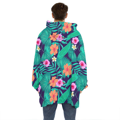 Teal Hawaiian Leaf Flower Pattern Print Hoodie Blanket