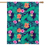 Teal Hawaiian Leaf Flower Pattern Print House Flag