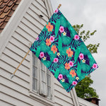 Teal Hawaiian Leaf Flower Pattern Print House Flag