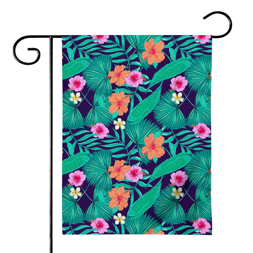 Teal Hawaiian Leaf Flower Pattern Print House Flag