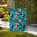 Teal Hawaiian Leaf Flower Pattern Print House Flag