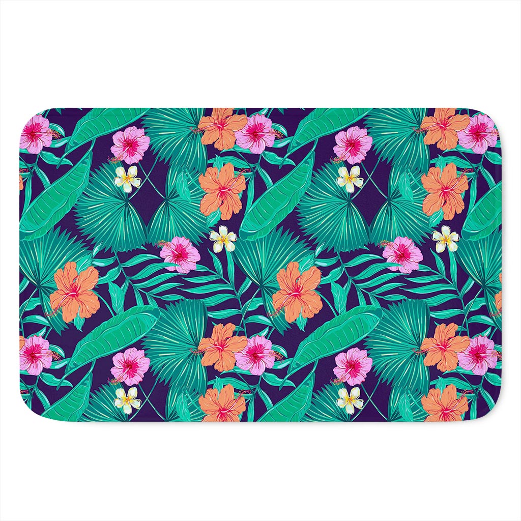 Teal Hawaiian Leaf Flower Pattern Print Indoor Door Mat