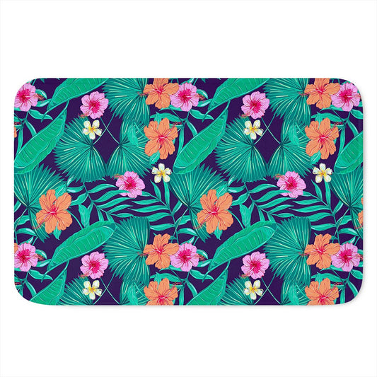 Teal Hawaiian Leaf Flower Pattern Print Indoor Door Mat