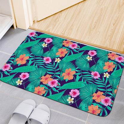 Teal Hawaiian Leaf Flower Pattern Print Indoor Door Mat