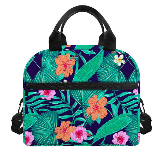 Teal Hawaiian Leaf Flower Pattern Print Insulated Lunch Bag