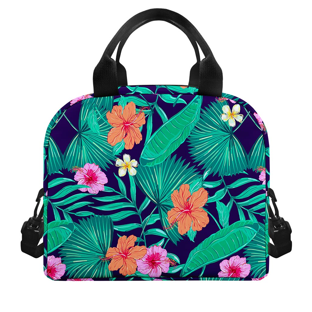 Teal Hawaiian Leaf Flower Pattern Print Insulated Lunch Bag