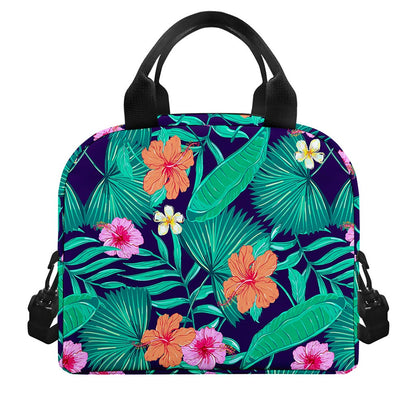 Teal Hawaiian Leaf Flower Pattern Print Insulated Lunch Bag