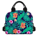 Teal Hawaiian Leaf Flower Pattern Print Insulated Lunch Bag