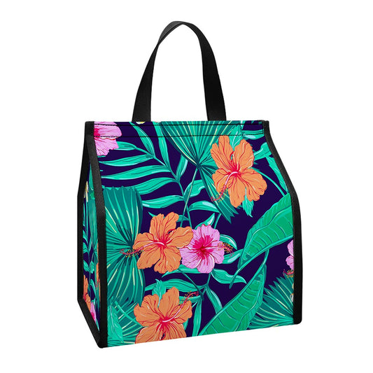 Teal Hawaiian Leaf Flower Pattern Print Insulated Lunch Tote