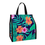 Teal Hawaiian Leaf Flower Pattern Print Insulated Lunch Tote