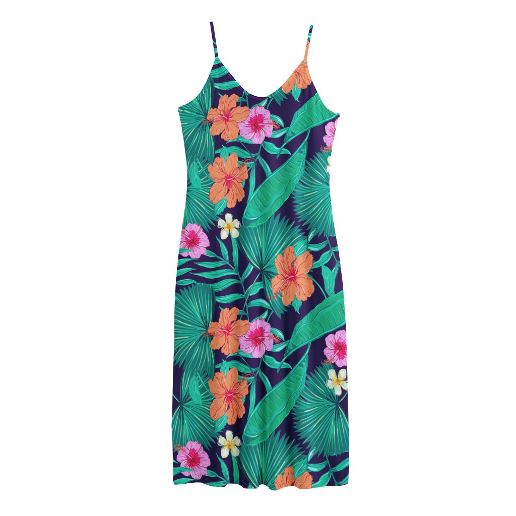 Teal Hawaiian Leaf Flower Pattern Print Jersey Midi Cami Dress