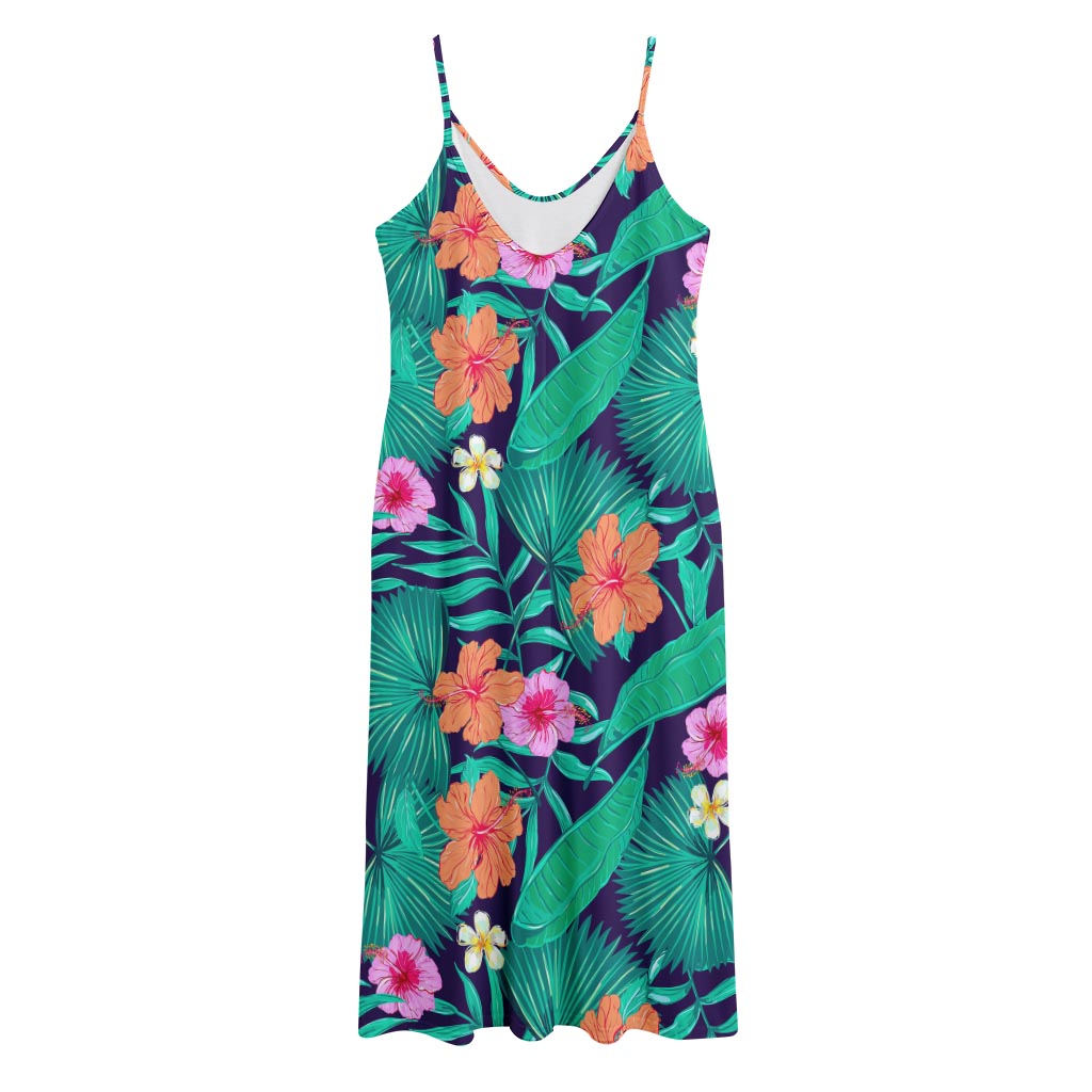 Teal Hawaiian Leaf Flower Pattern Print Jersey Midi Cami Dress
