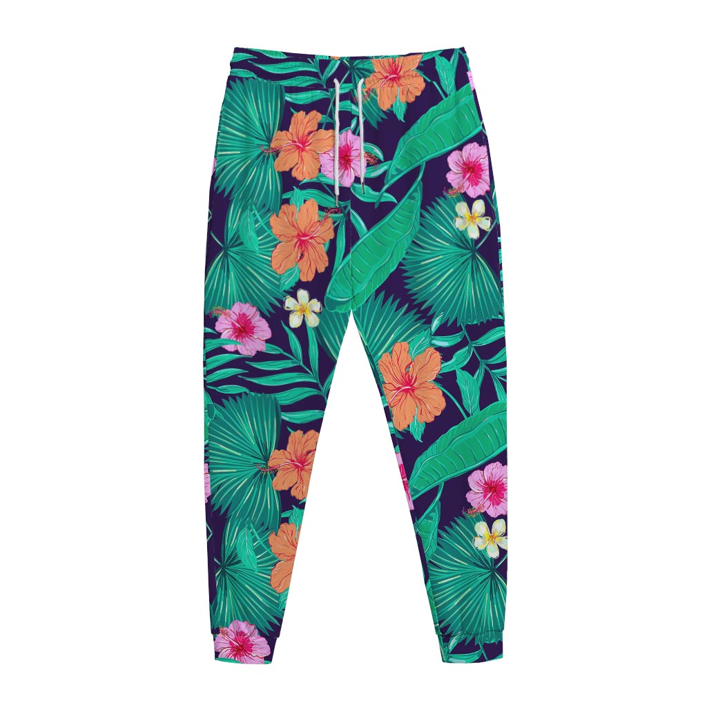 Teal Hawaiian Leaf Flower Pattern Print Jogger Pants