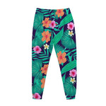 Teal Hawaiian Leaf Flower Pattern Print Jogger Pants