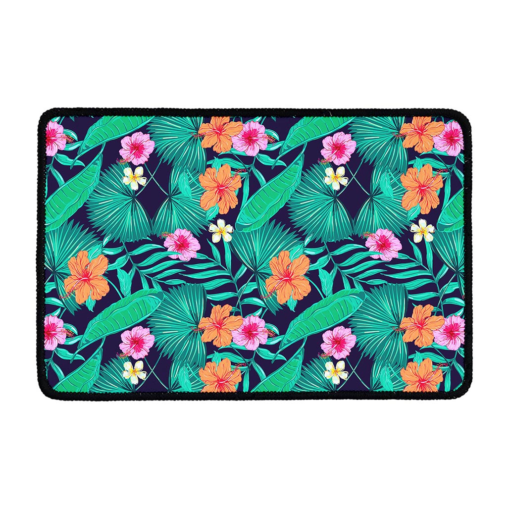 Teal Hawaiian Leaf Flower Pattern Print Kitchen Mat