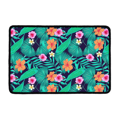 Teal Hawaiian Leaf Flower Pattern Print Kitchen Mat