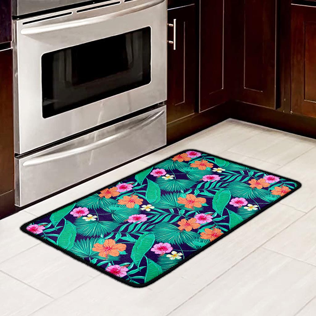 Teal Hawaiian Leaf Flower Pattern Print Kitchen Mat