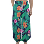 Teal Hawaiian Leaf Flower Pattern Print Lantern Pants