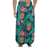 Teal Hawaiian Leaf Flower Pattern Print Lantern Pants